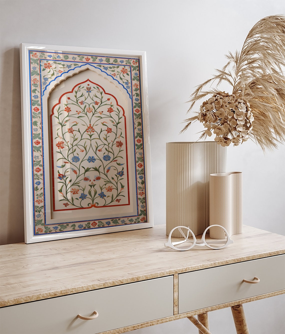 Mughal Floral Inlay Arch Panel Blue Red Flowers Vintage Art Poster - Image 3