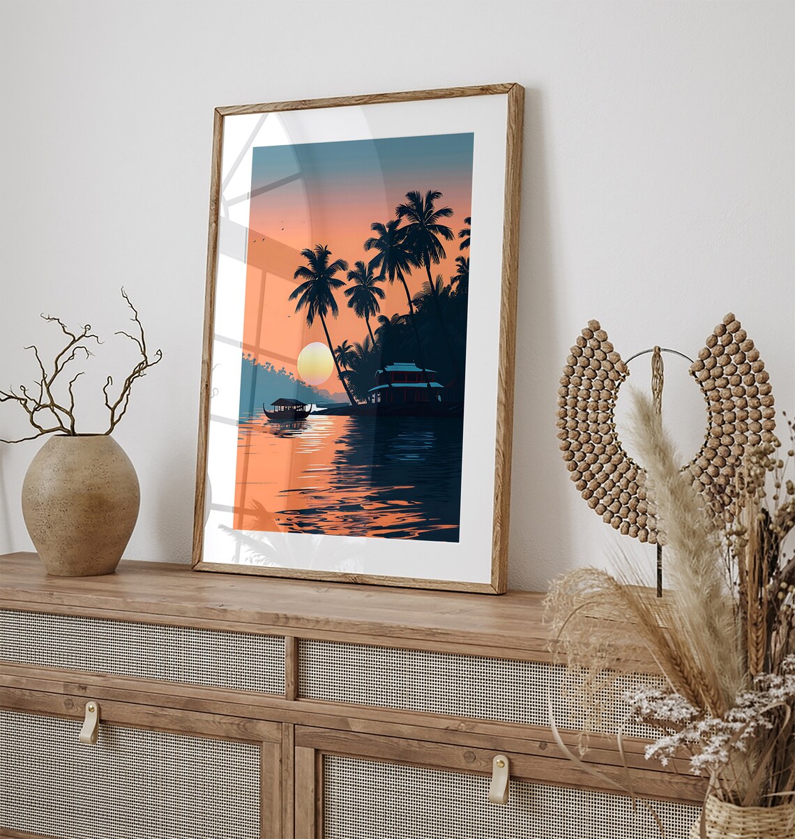 Kerala Backwaters Sunset Palm Silhouette Houseboat Travel Poster - Image 3