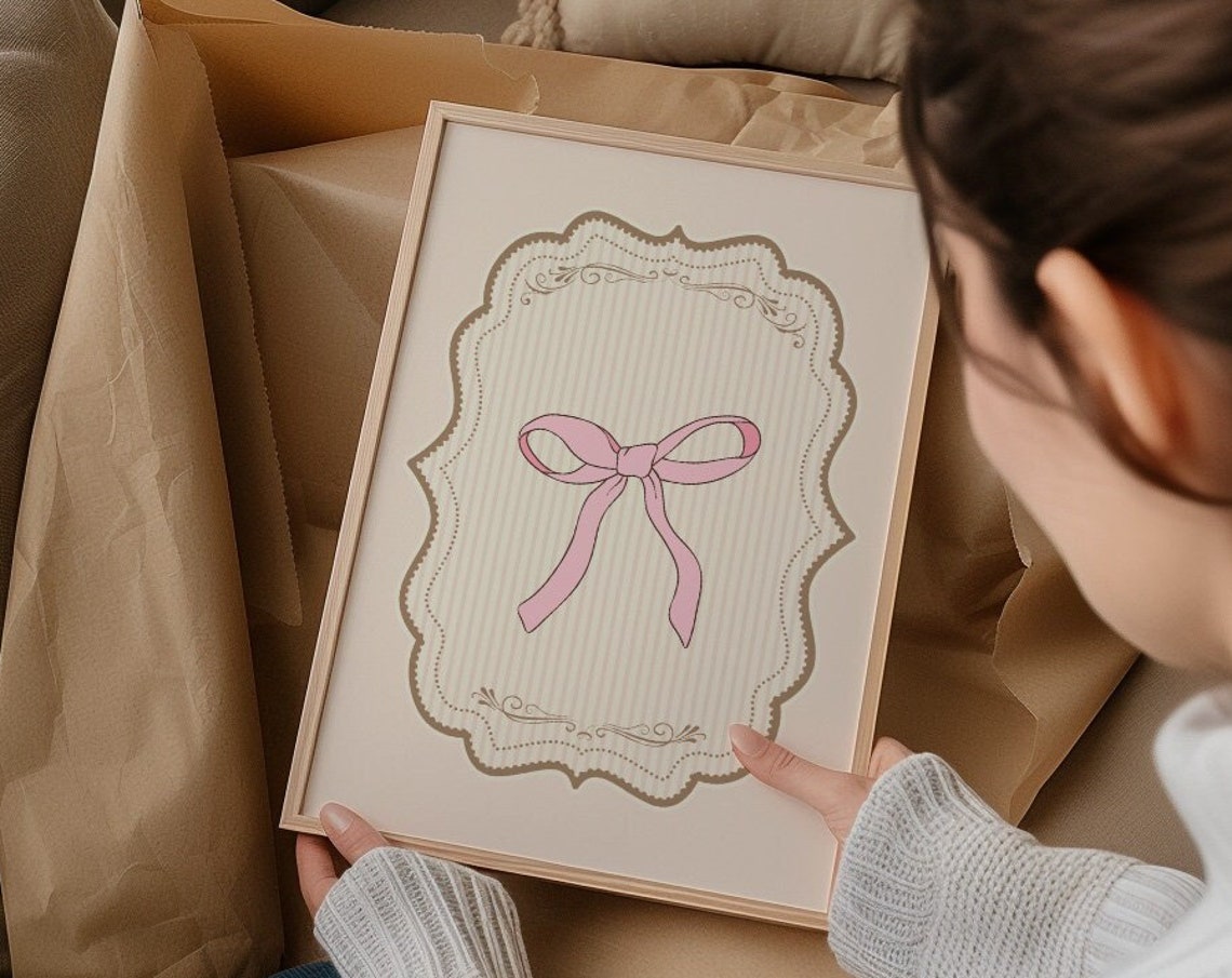 Preppy Pink Bow Scalloped Frame Balletcore Room Decor Art Poster