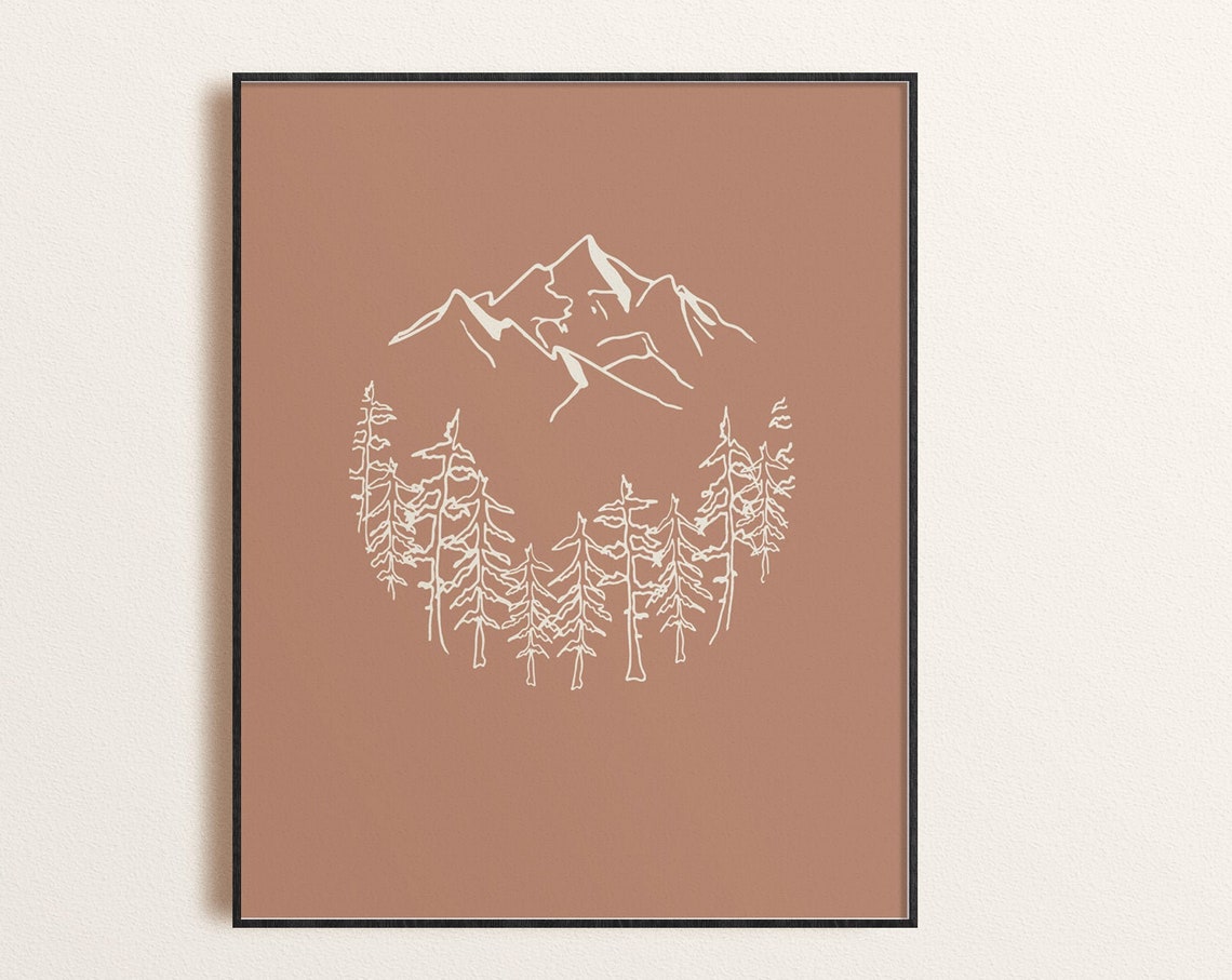 Minimalist Mountain Pine Line Art Warm Terracotta Wall Poster