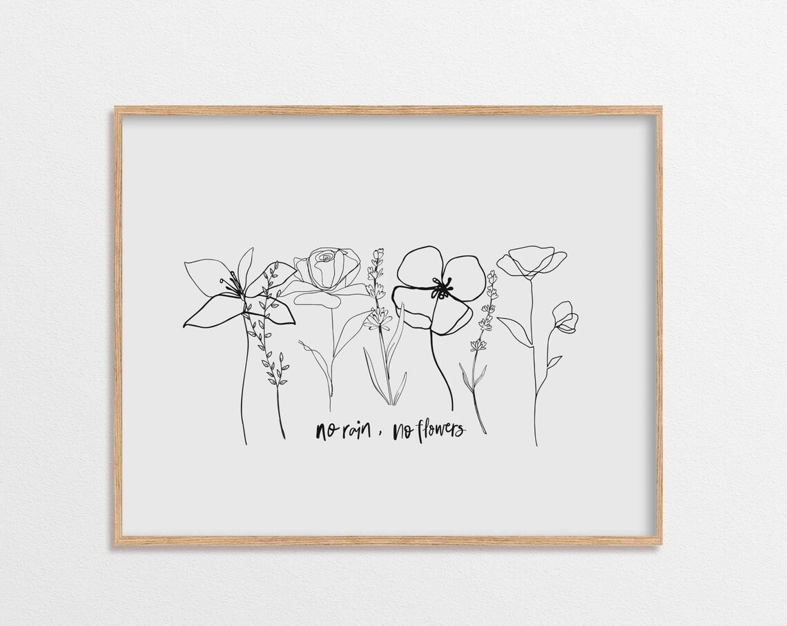 No Rain No Flowers Minimalist Botanical Floral Line Drawing Wall Art