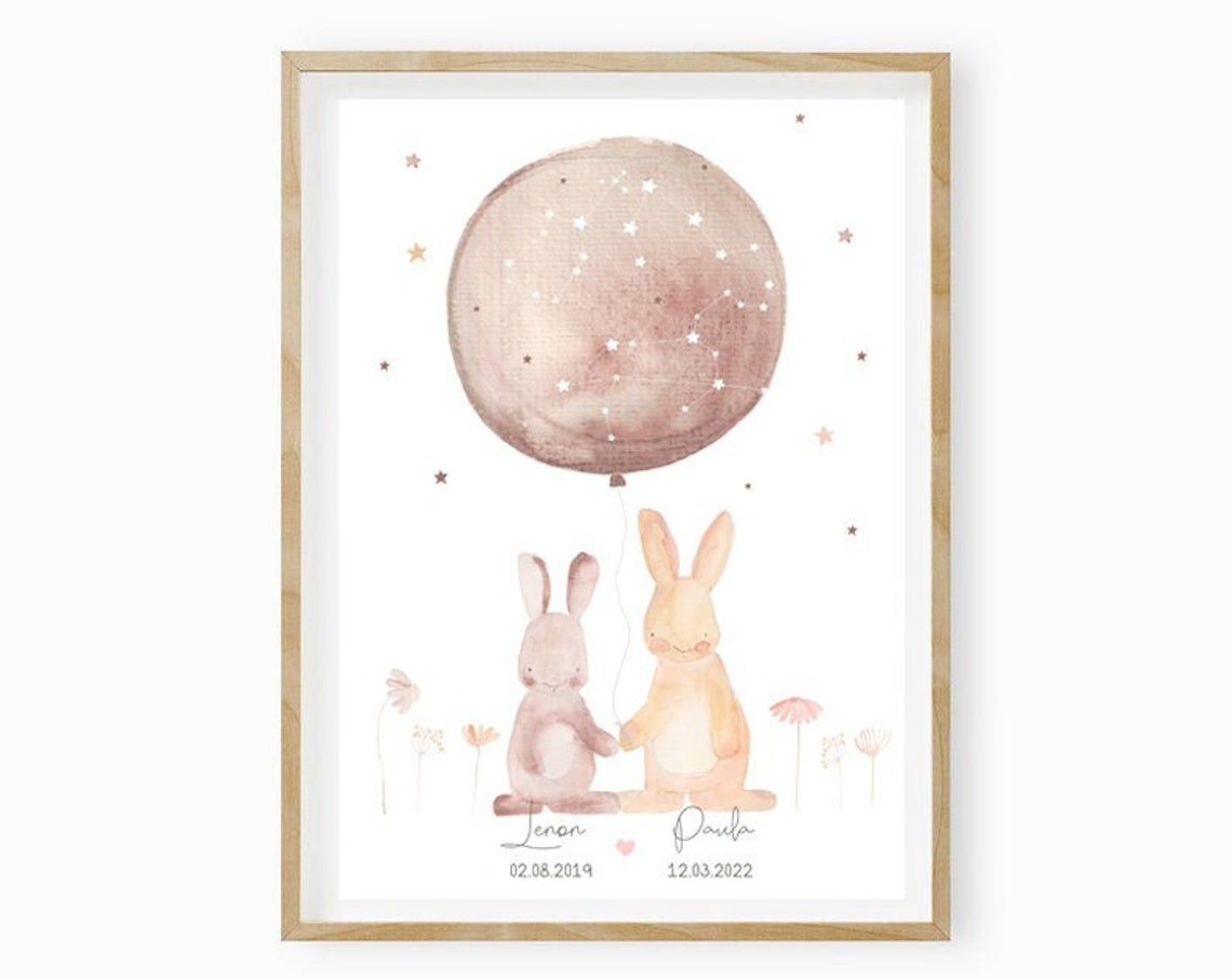 Lenon Paula Personalized Two Bunny Balloon Moon Nursery Poster