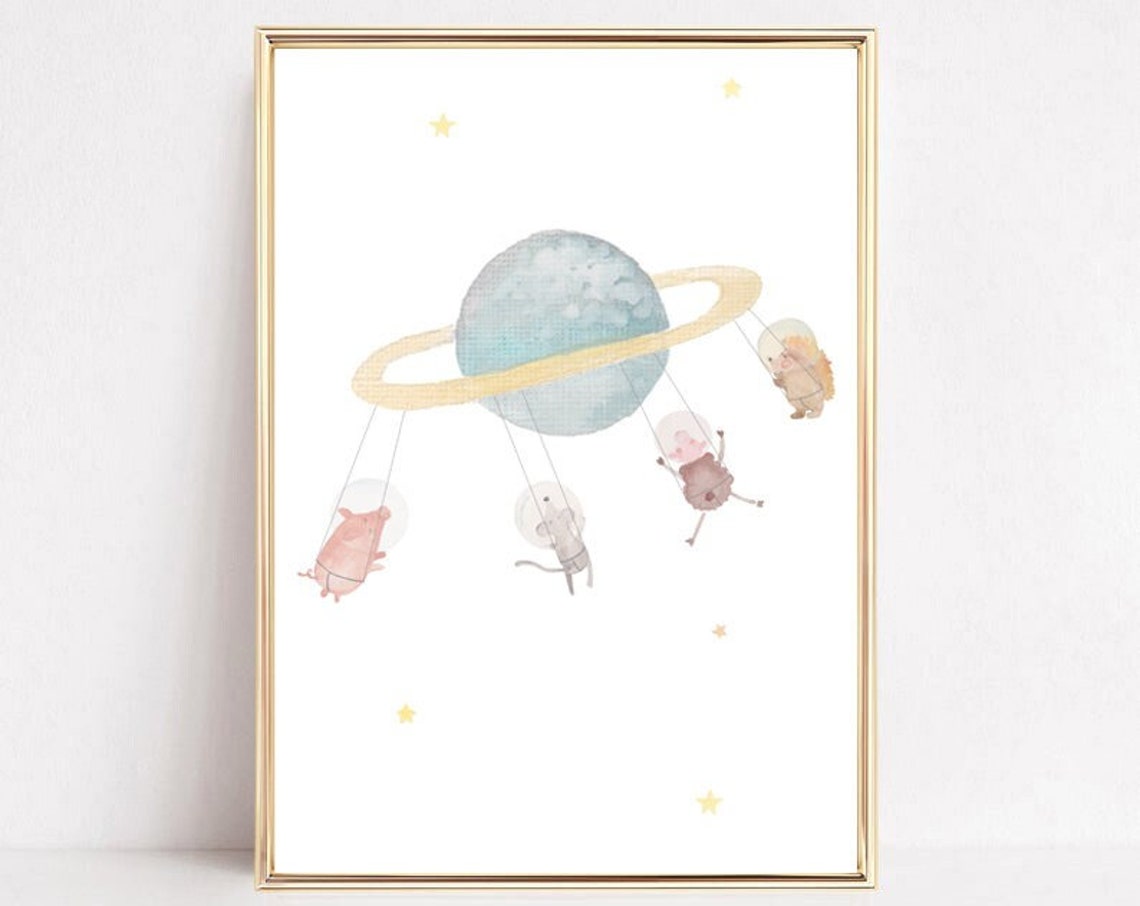 Watercolor Planet Ring Astronaut Animals Nursery Space Art Poster