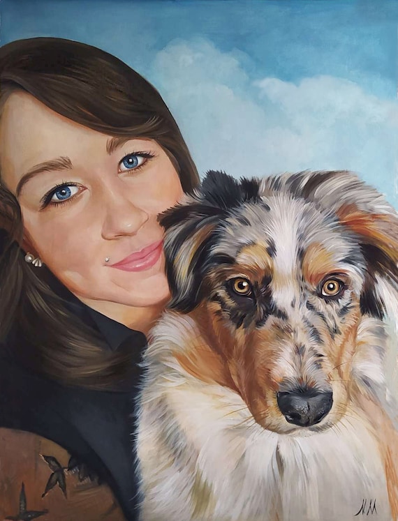 Woman With Merle Australian Shepherd Custom Oil Portrait Painting Poster