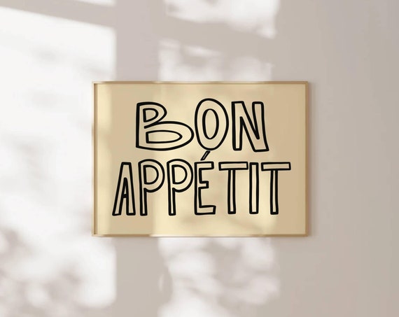 Bon Appetit Print Kitchen Horizontal Print Bar Cart Wall Art Quote Poster Hand Drawn Mid Century Typography Print Retro Dining