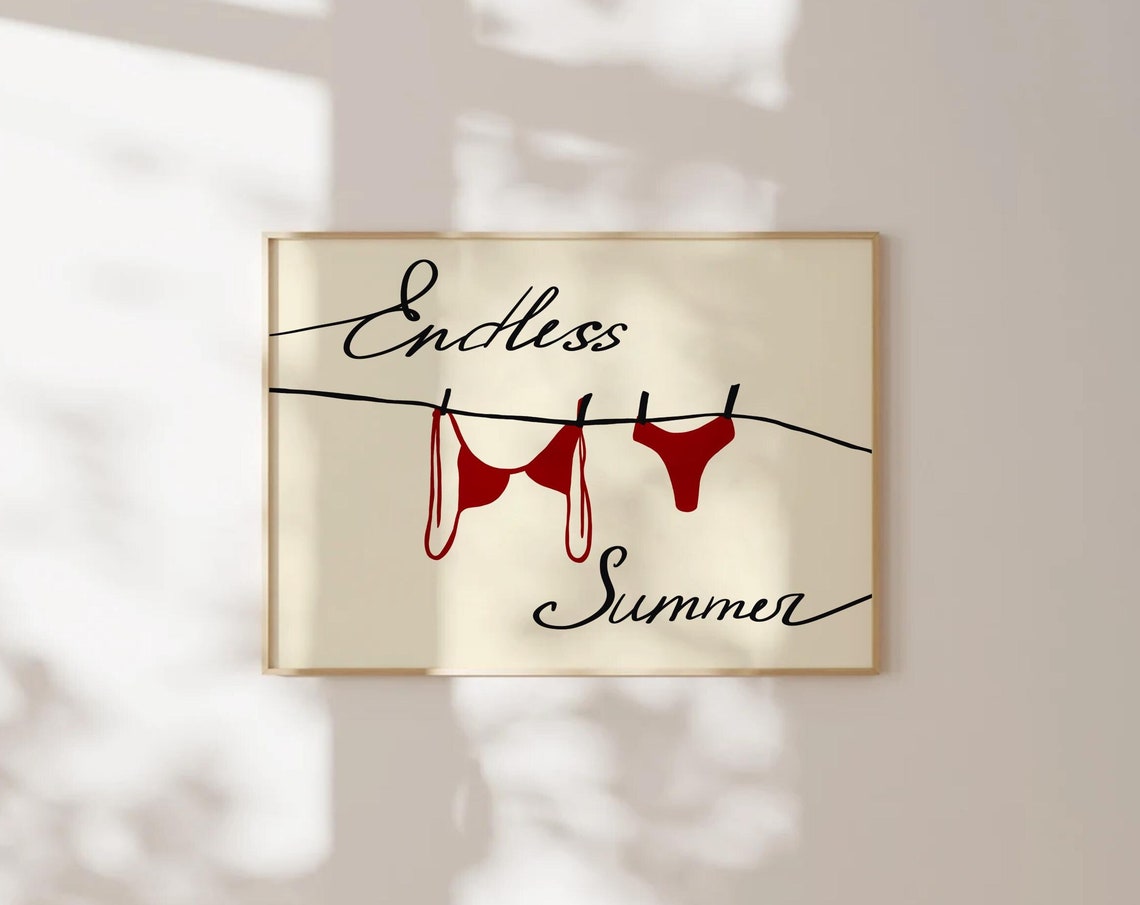 Endless Summer Red Bikini Clothesline Script Minimal Beach Poster