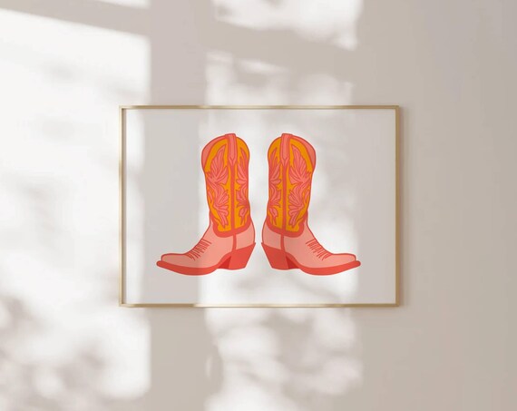 Orange Coral Cowboy Boots Pair Western Horizontal Art Poster
