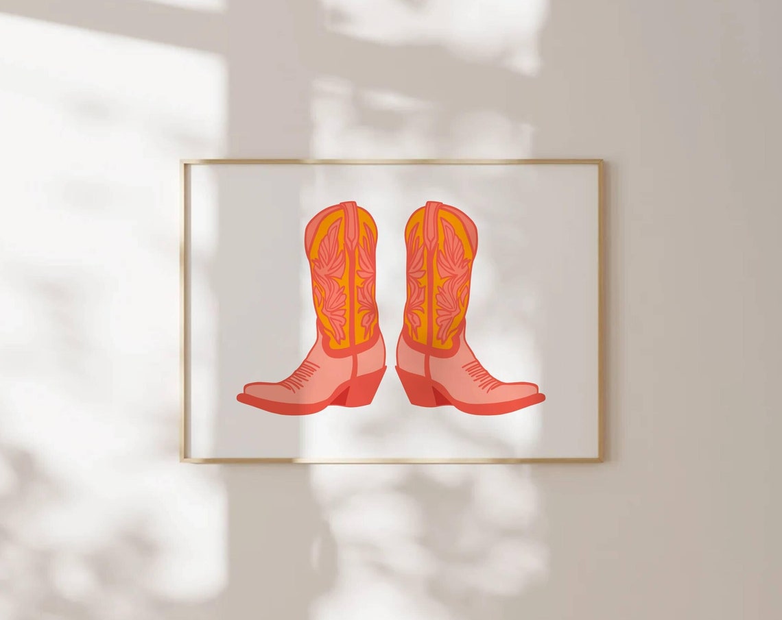 Orange Coral Cowboy Boots Pair Western Horizontal Art Poster