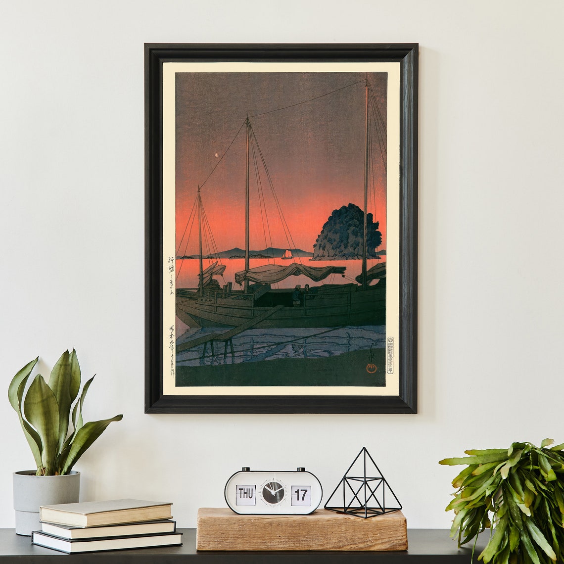 Japanese Sunset Harbor Sailboats Silhouette Woodblock Art Poster - Image 3