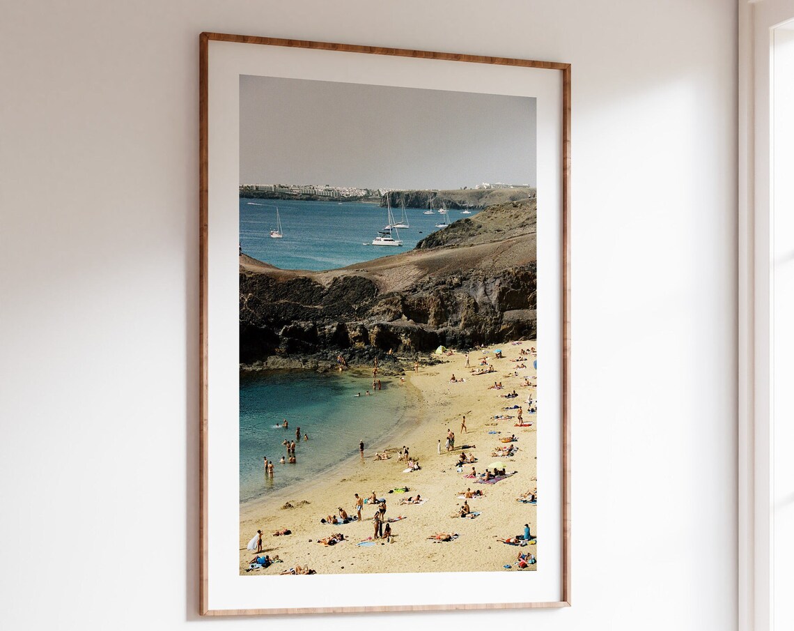 Lanzarote Beach Swimmers Volcanic Cliffs Sailboats Color Travel Poster - Image 3