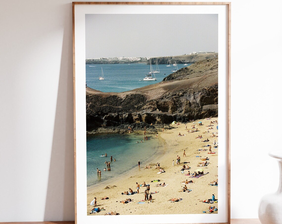 Lanzarote Beach Swimmers Volcanic Cliffs Sailboats Color Travel Poster