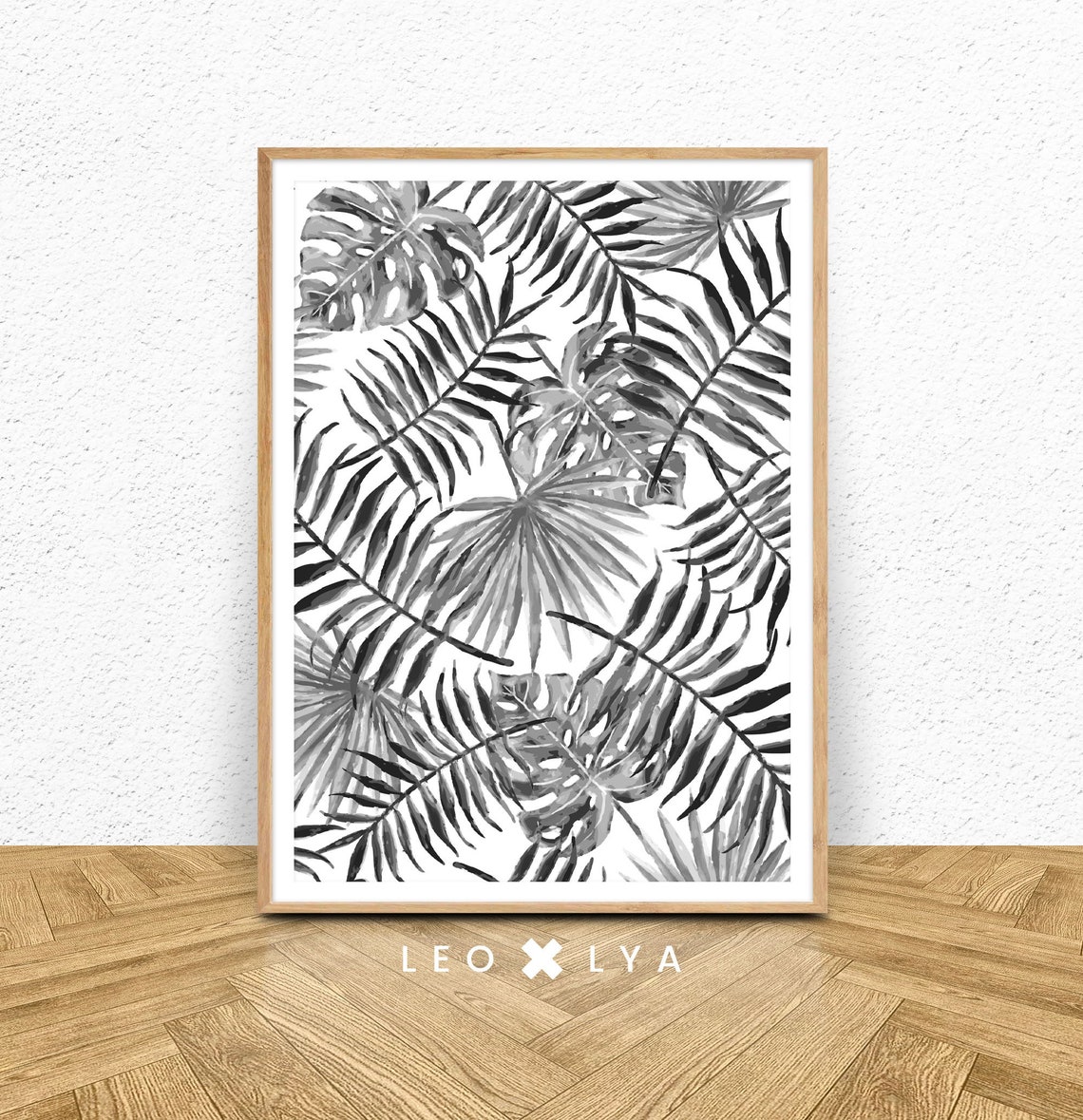 Black and White Tropical Palm Leaves Monstera Pattern Wall Art