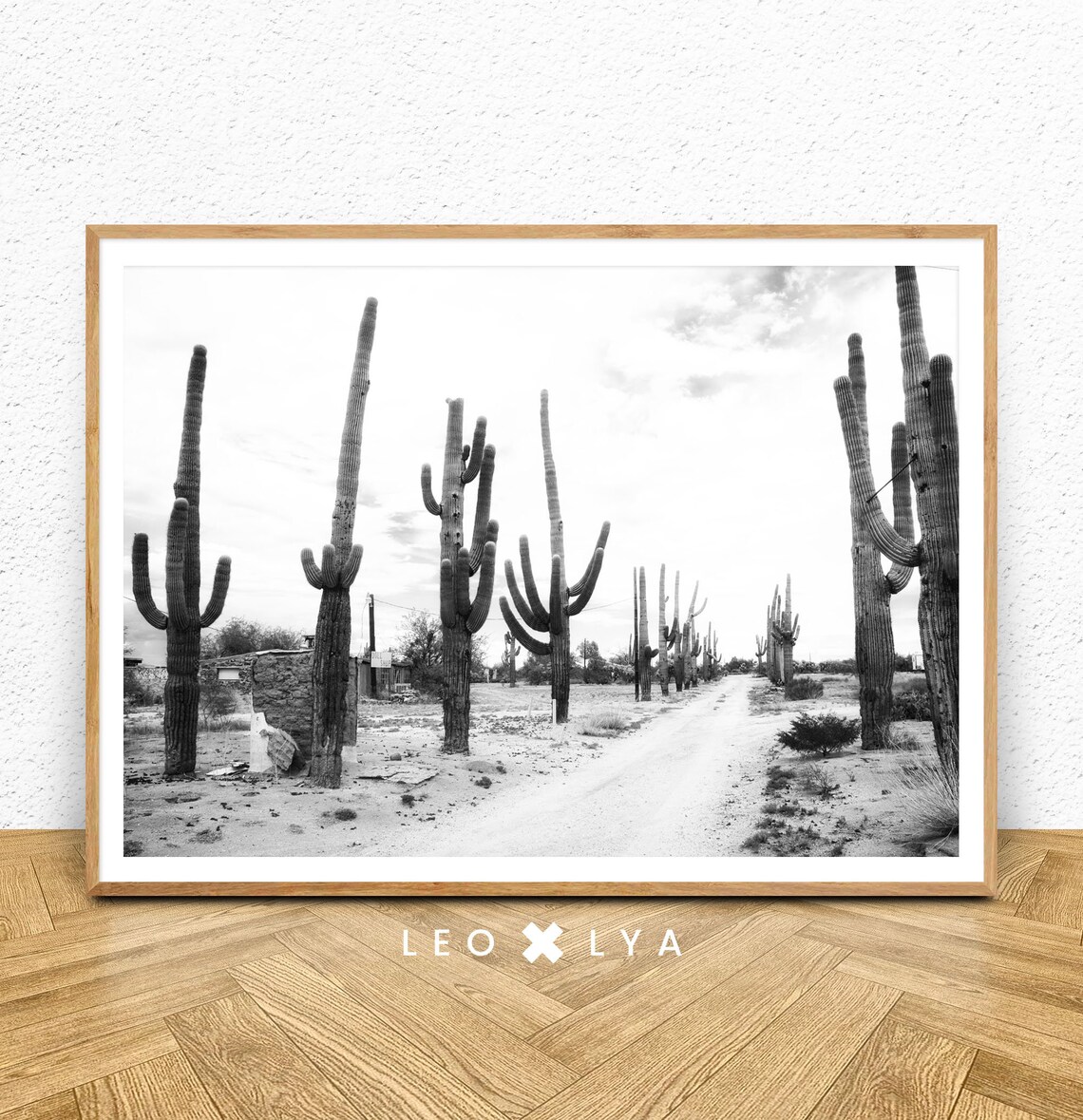Saguaro Cactus Desert Road Black and White Landscape Photo Poster