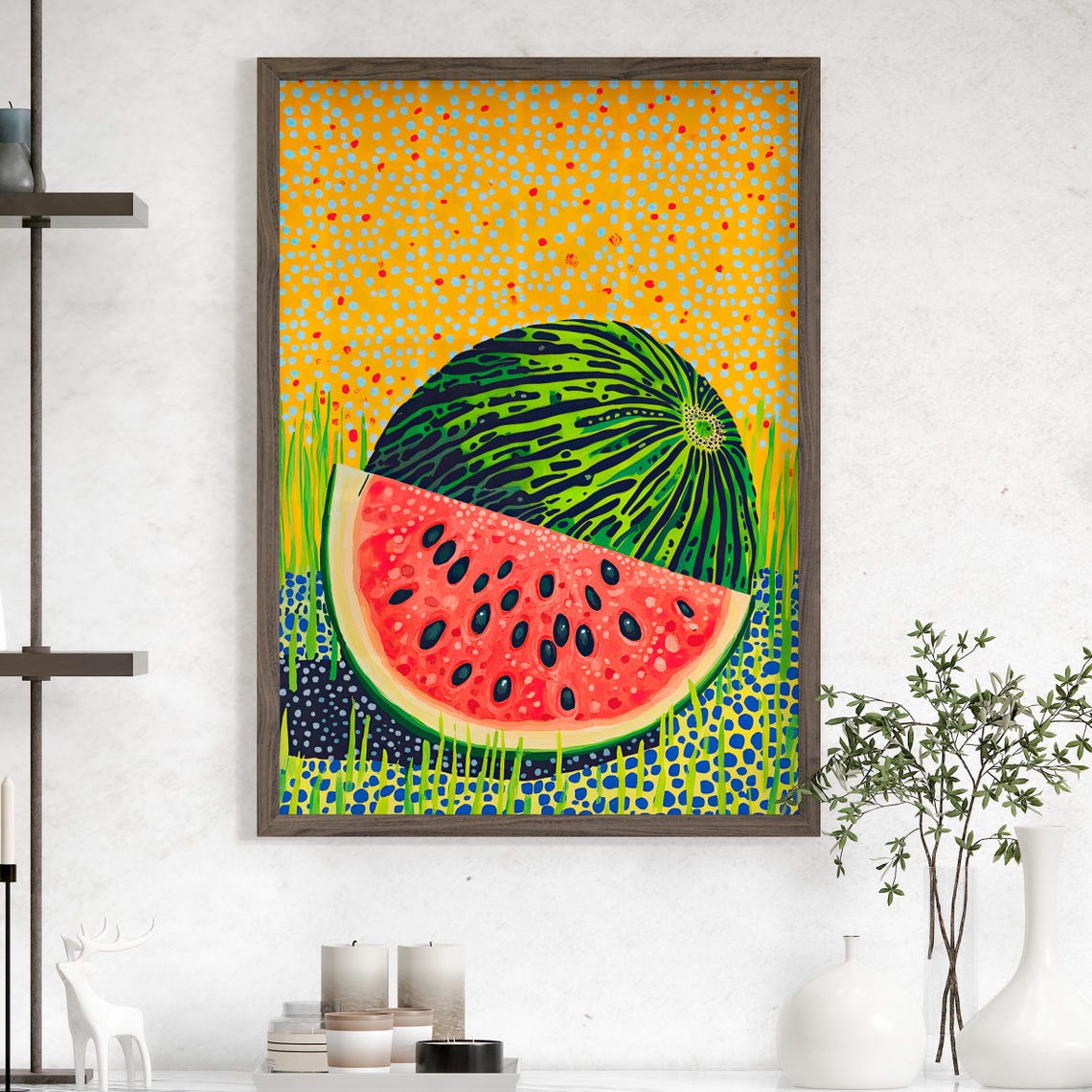 Abstract Watermelon Art Print Poster Or Canvas Summer Wall Decor Colorful Pop Vibrant Dotted Fruit Illustration Slice Painting