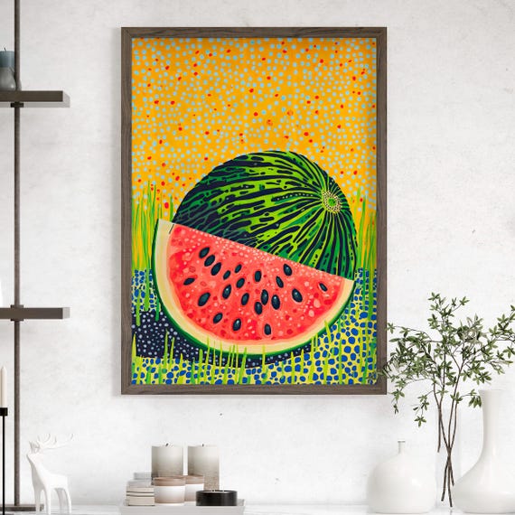 Abstract Watermelon Art Print Poster Or Canvas Summer Wall Decor Colorful Pop Vibrant Dotted Fruit Illustration Slice Painting