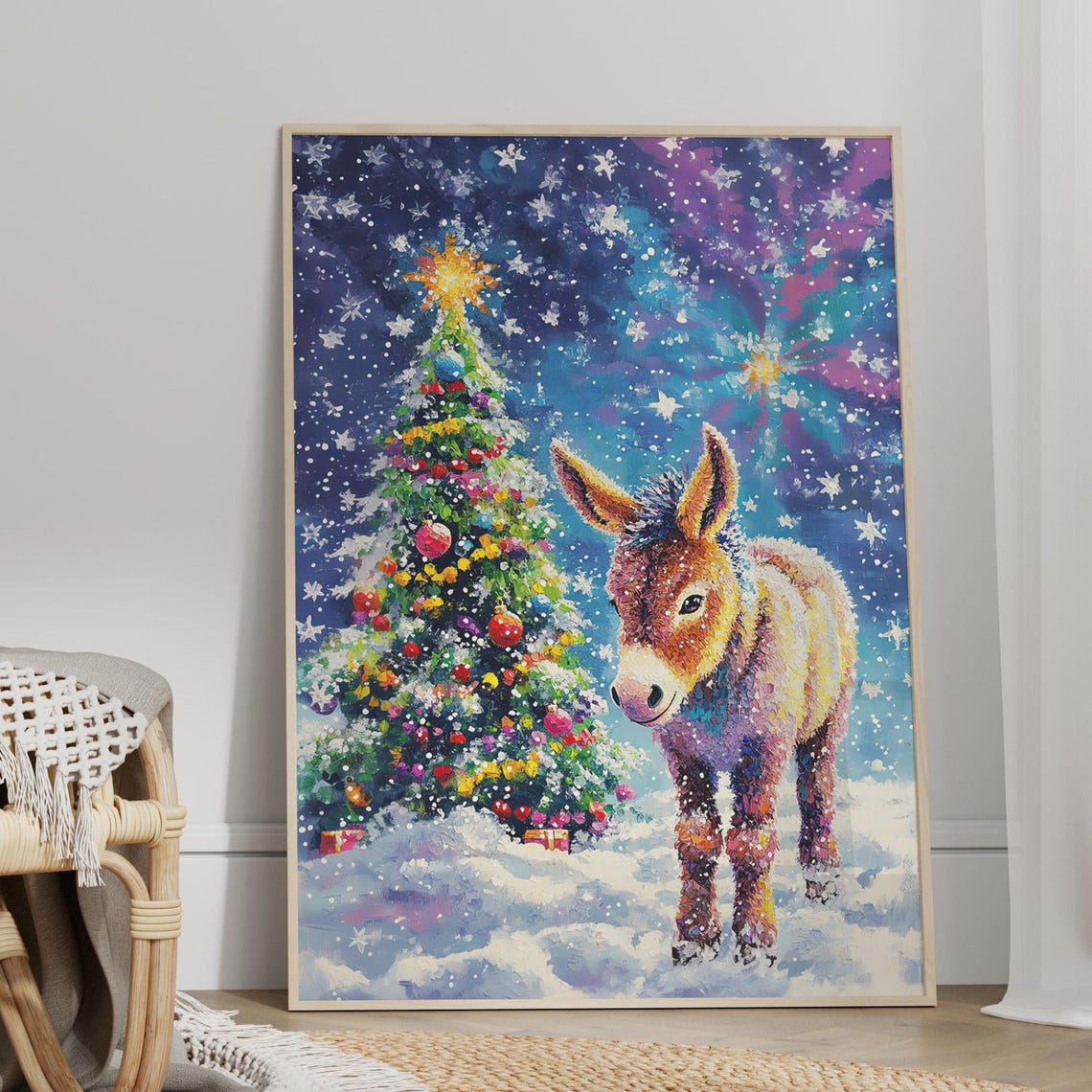 Colorful Donkey With Christmas Tree Snowy Starry Night Wall Art