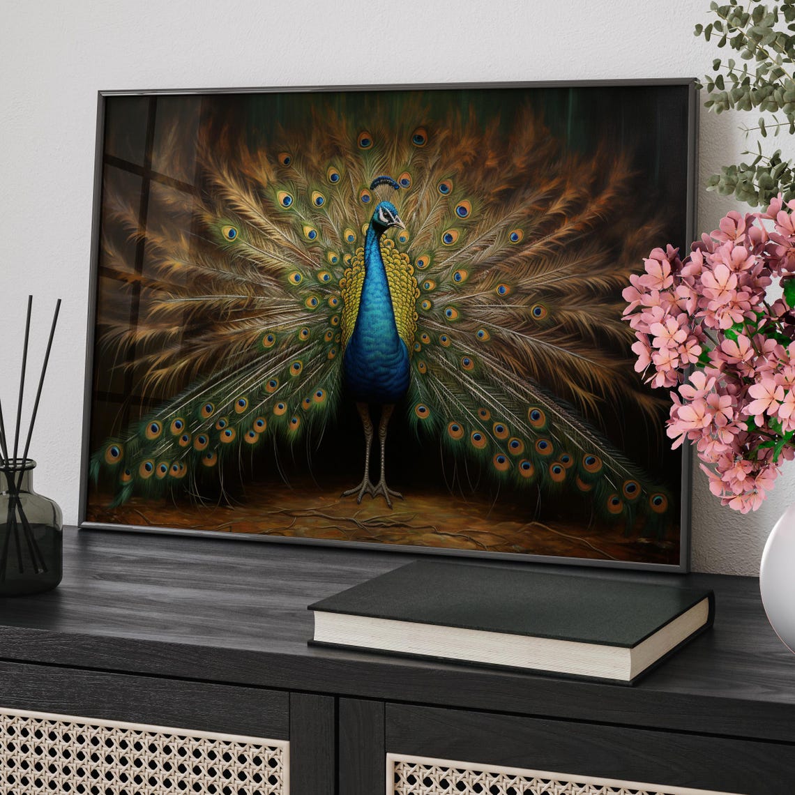 Majestic Peacock With Spread Tail Realistic Wildlife Art Poster