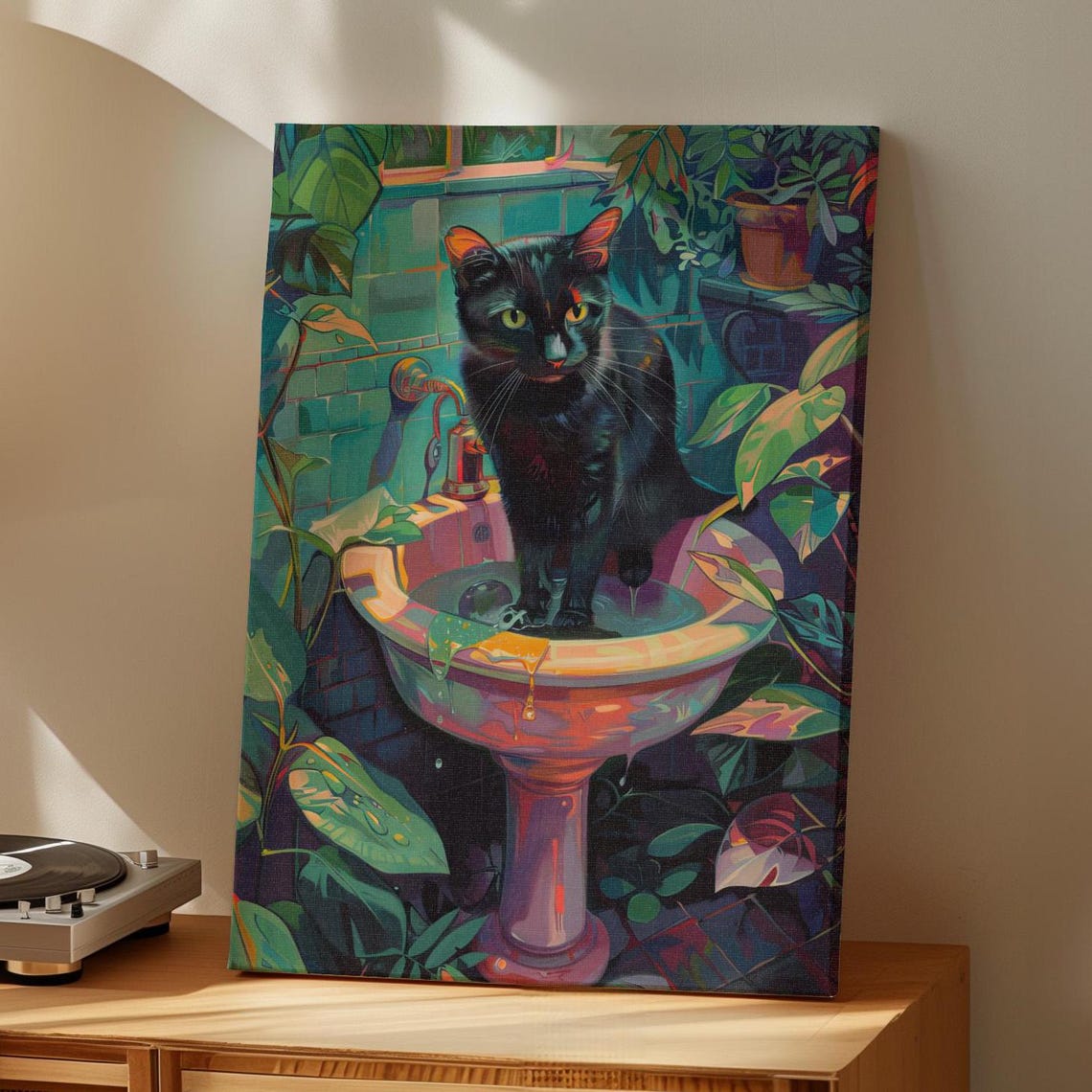 Funny Black Cat In Bathroom Sink Botanical Painting Cat Lover Poster