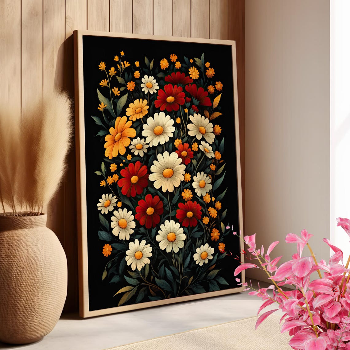 Vintage Folk Wildflowers Daisies on Black Botanical Art Print
