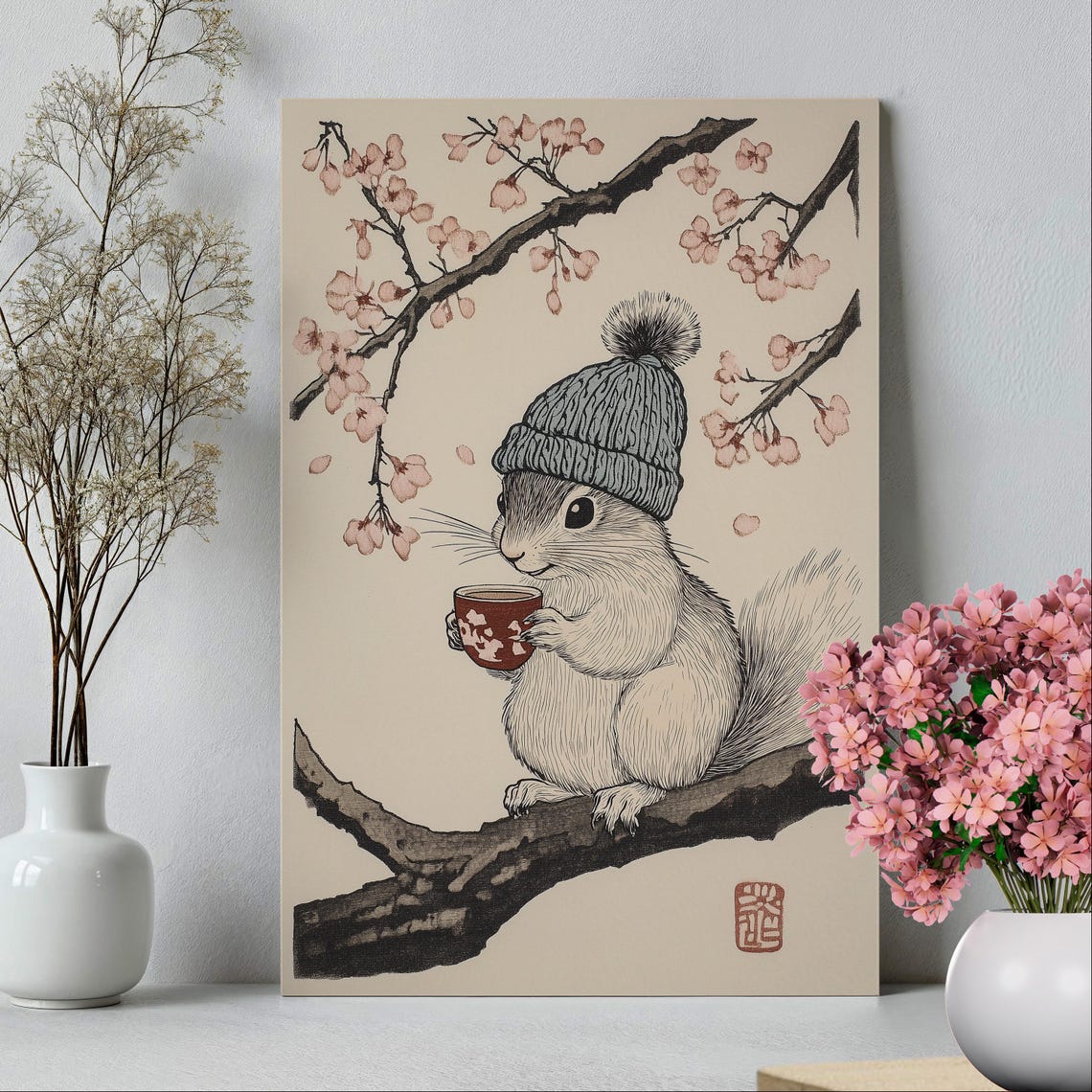 Cute Squirrel with Beanie Drinking Tea Cherry Blossom Japanese Poster - Image 2