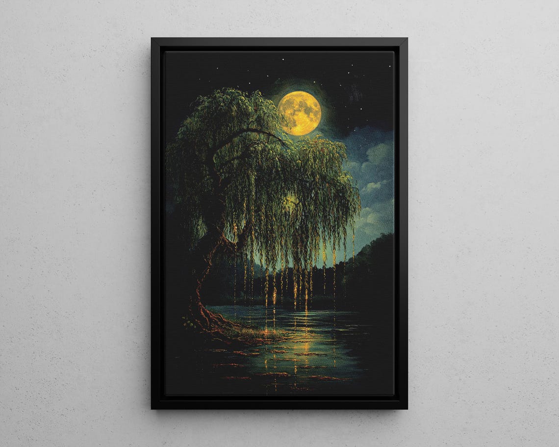 Full Moon Over Weeping Willow Tree By The Lake Golden Night Poster