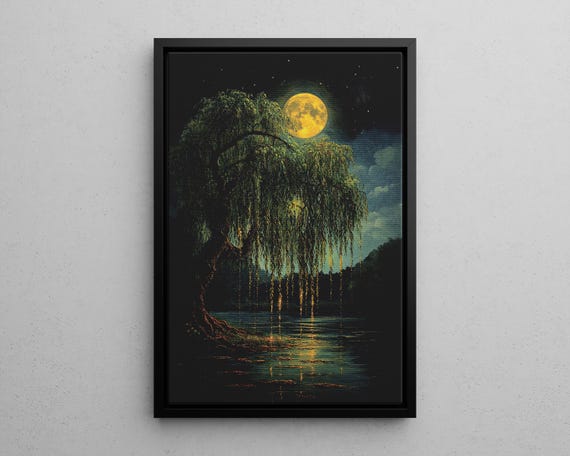 Full Moon Over Weeping Willow Tree By The Lake Mystical Wall Art Poster Or Canvas Print Golden Night Sky Dreamy Surreal Nature