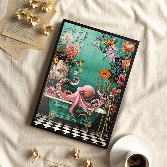 Pink Octopus In A Bathtub Floral Botanical Vintage Art Poster Or Canvas Print Victorian Whimsy Bathroom Wall Decor