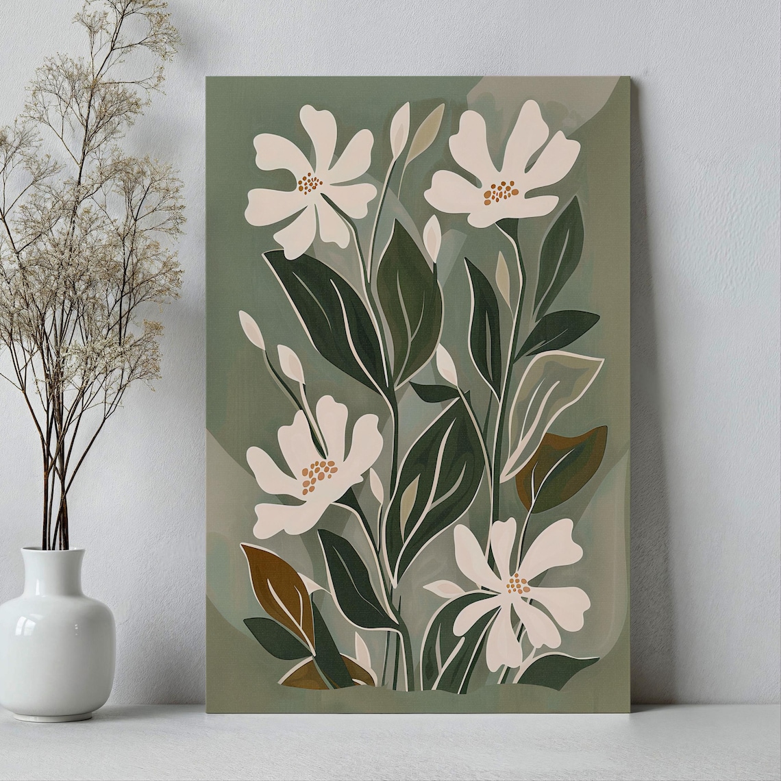 White Wildflowers On Sage Green Modern Botanical Illustration Poster