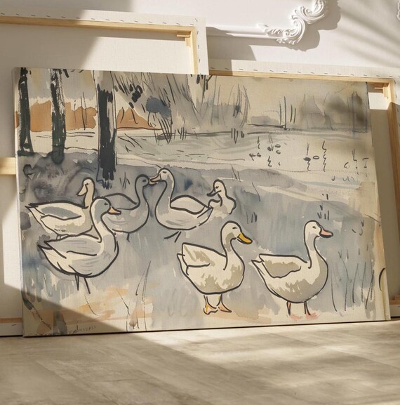 Simplistic Illustration Of Ducks Near A Pond Art Print Or Canvas Animal Farmhouse Wall Drawing Nursery Poster