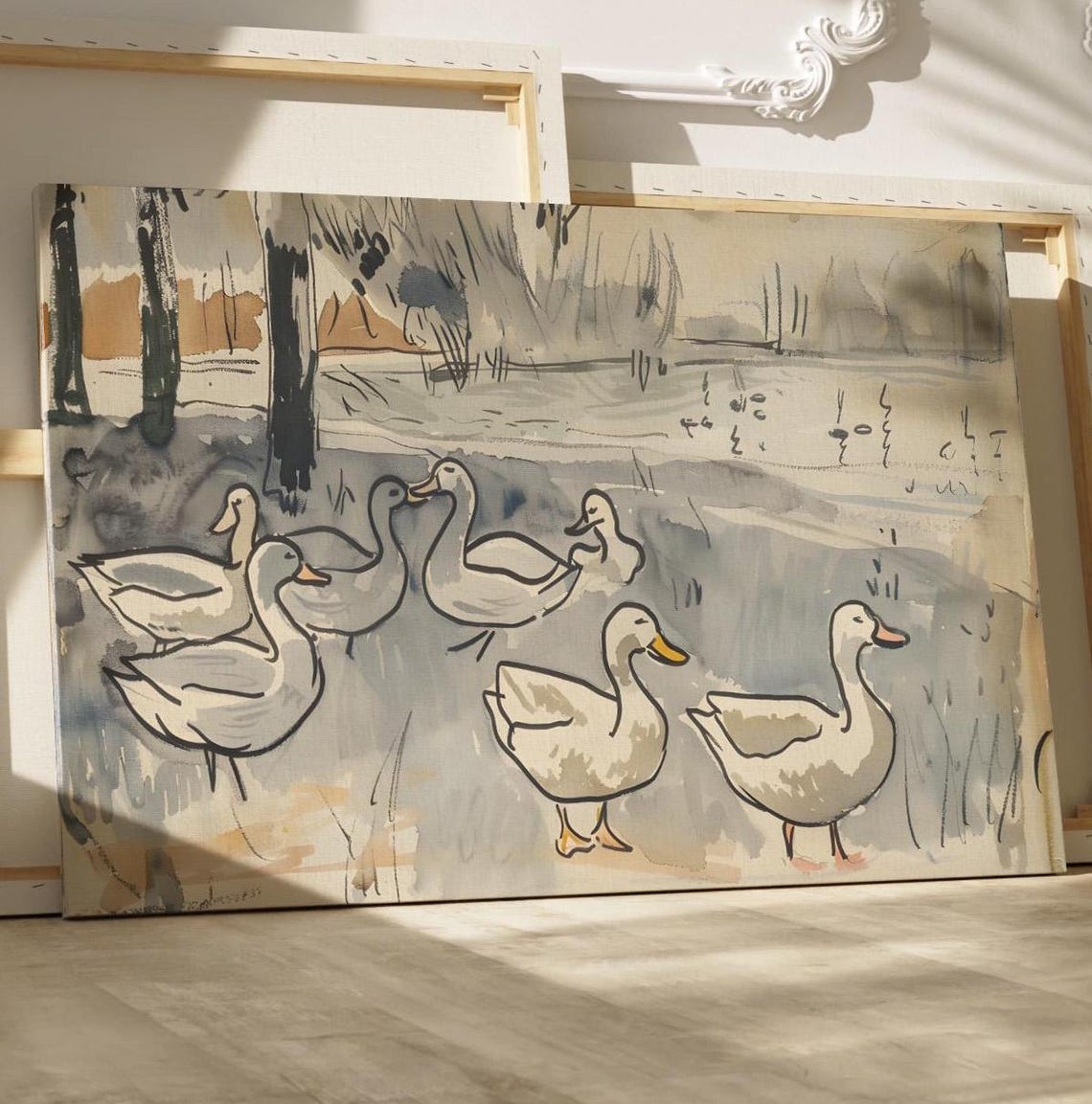 White Ducks By A Pond Watercolor Farmhouse Animal Illustration Poster