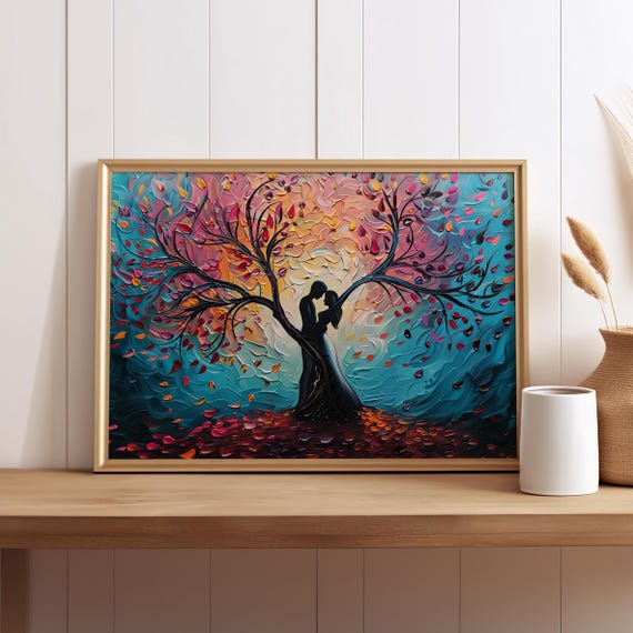 Tree Of Love Painting Colorful Art Poster Or Canvas Print Silhouette Vibrant Colors Abstract Romantic Oil Couple