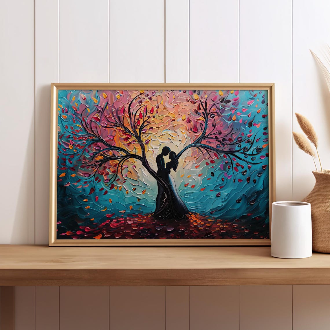 Tree of Love Couple Silhouette in Vibrant Impasto Romantic Wall Poster