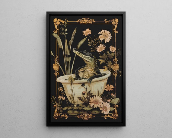 Floral Whimsical Crocodile Bath Botanical Poster Or Canvas In Bathtub Funny Bathroom Sign Alligator Decor