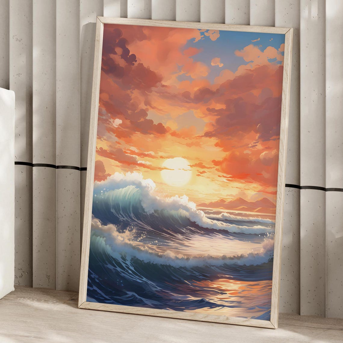 Ocean Wave Sunset Poster Majestic Crashing Waves Orange Sky Glow