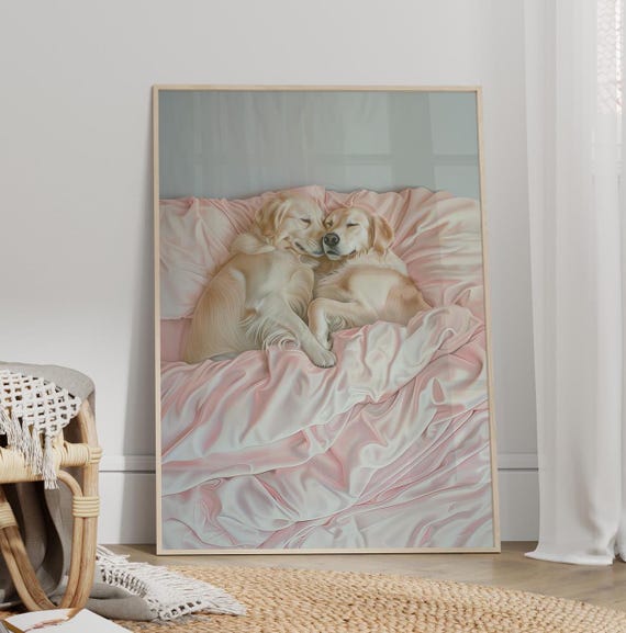 Golden Retriever Couple In Bed Poster Or Canvas Print Romantic Dog Art Lovers Gift Cute Dogs Pastel Pink Bedroom Decor