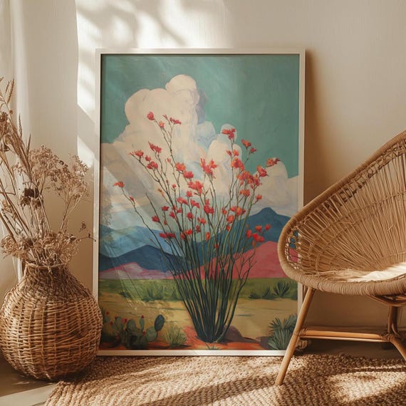 Ocotillo Cactus Botanical Desert Oil Painting Poster Or Canvas Print Big Bend Landscape West Texas Wall Art Retro Plant