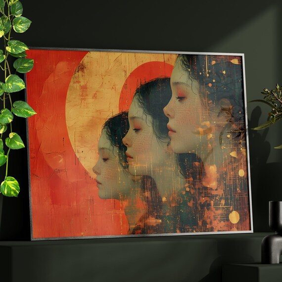 Three Elegant Female Profiles Before a Blazing Red Sun Abstract Portrait Print