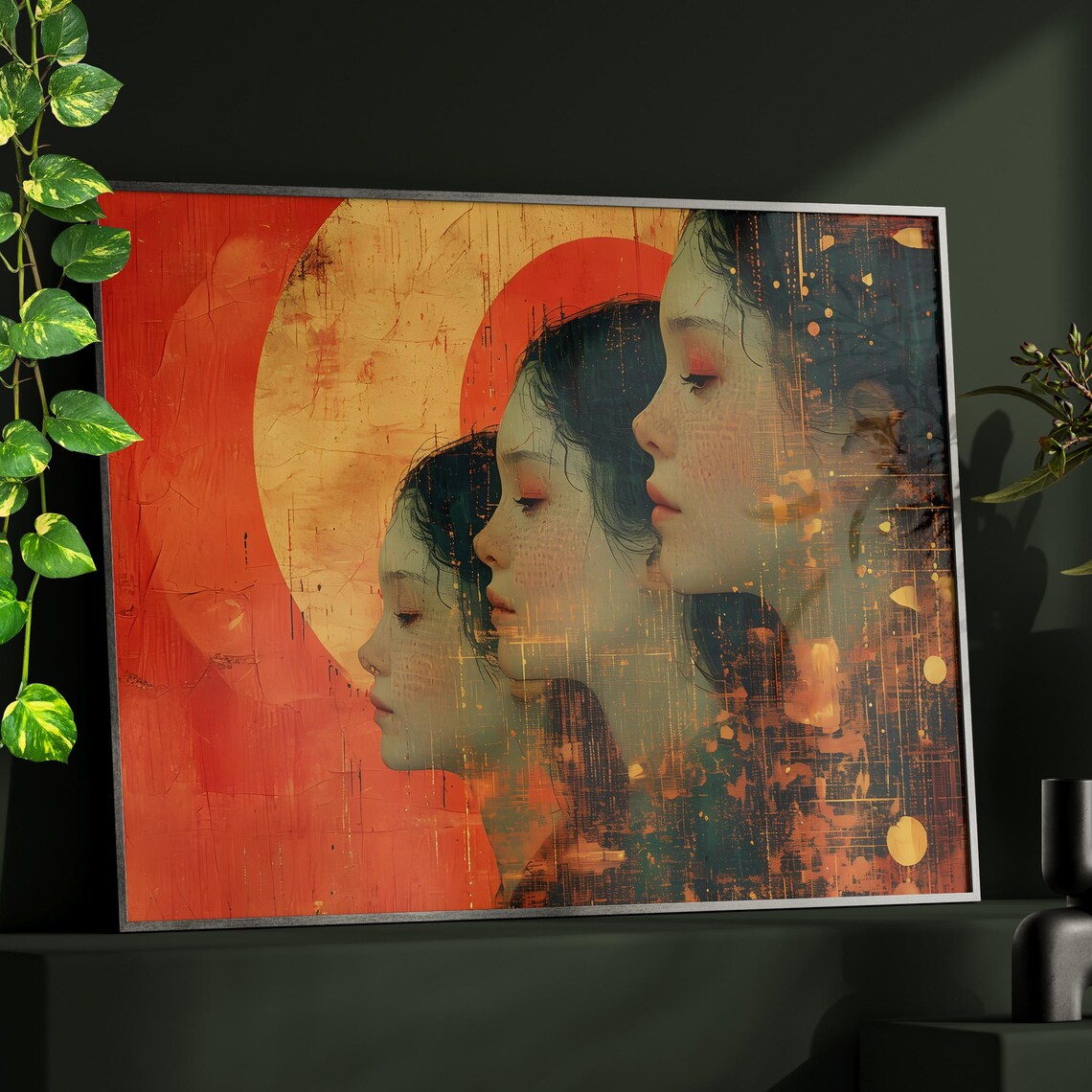 Three Elegant Female Profiles Before a Blazing Red Sun Abstract Portrait Print