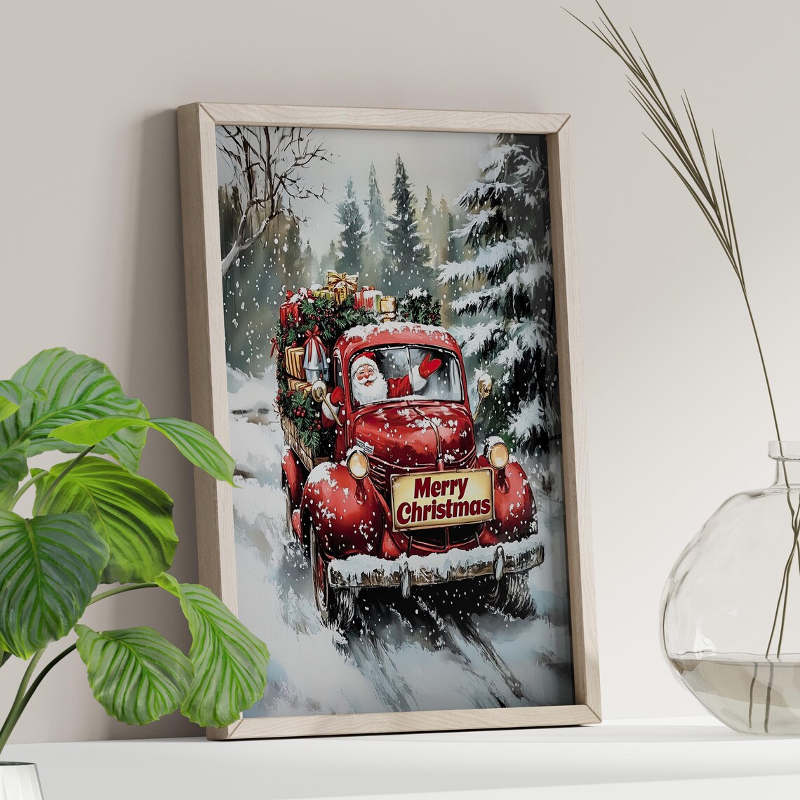 Santa Claus Driving Vintage Red Truck Merry Christmas Wall Art