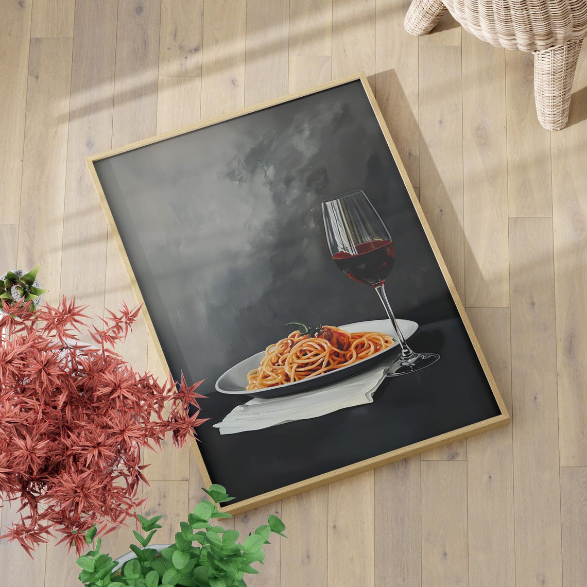 Spaghetti and Wine Glass Realistic Dark Moody Food Painting Poster