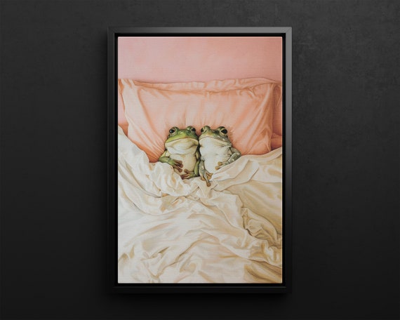 Romantic Couple Frog In Bed Canvas Poster Whimsical Retro Painting Pastel Pink Art Print Vintage Toad Cute Bedroom Animal