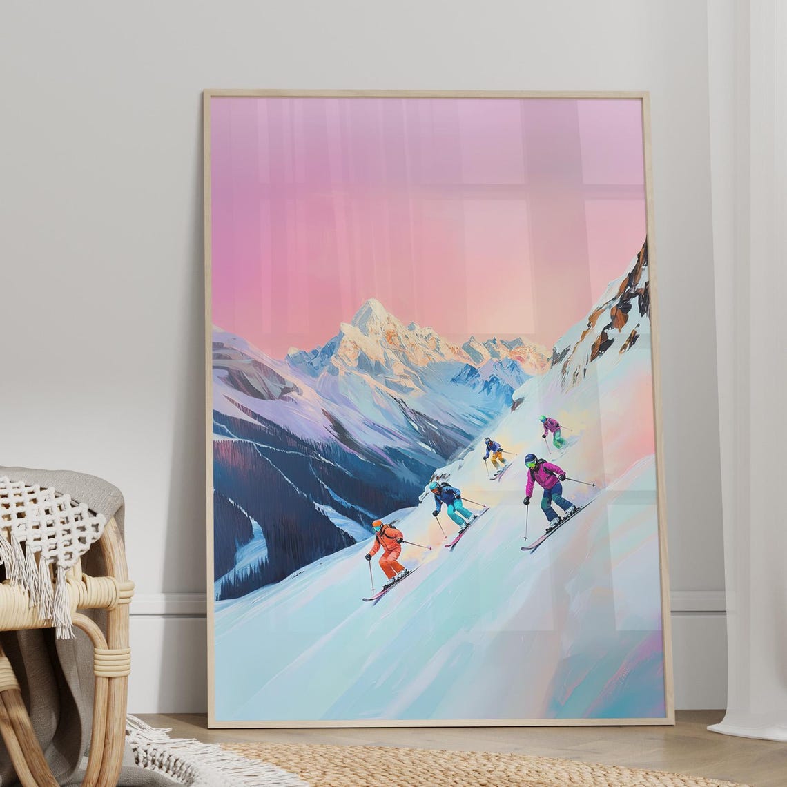 Pastel Skiers Descending Snowy Mountain Slope Winter Poster Artwork