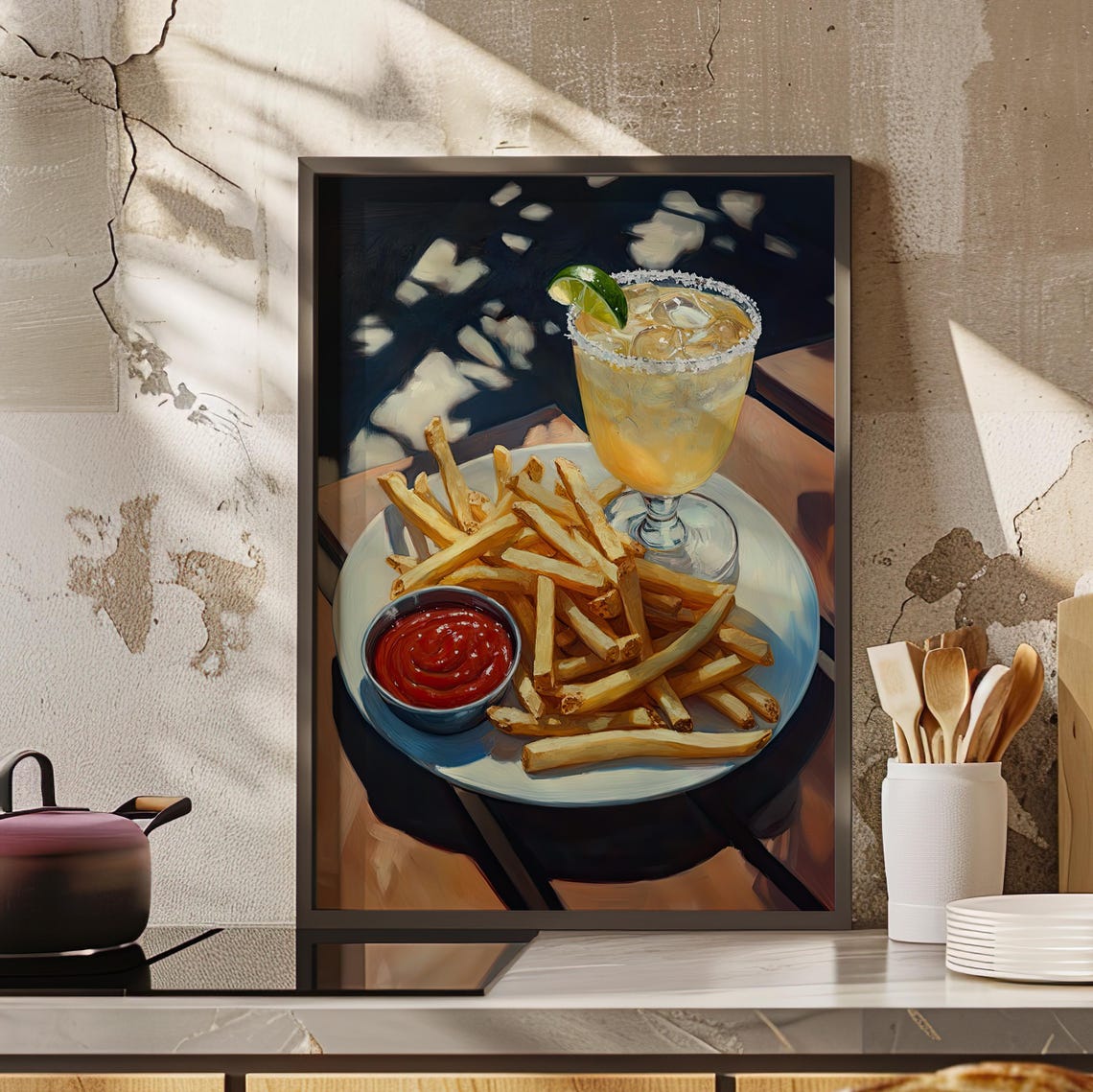 French Fries And Margarita Cocktail Plate Oil Painting Poster Or Canvas Print Food Girl Dinner Art Still Life Kitchen Decor