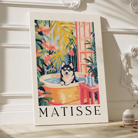 Husky Dog In Bathtub Matisse Style Tropical Bathroom Wall Art