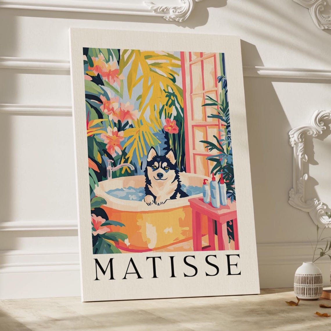 Husky Dog In Bathtub Matisse Style Tropical Bathroom Wall Art