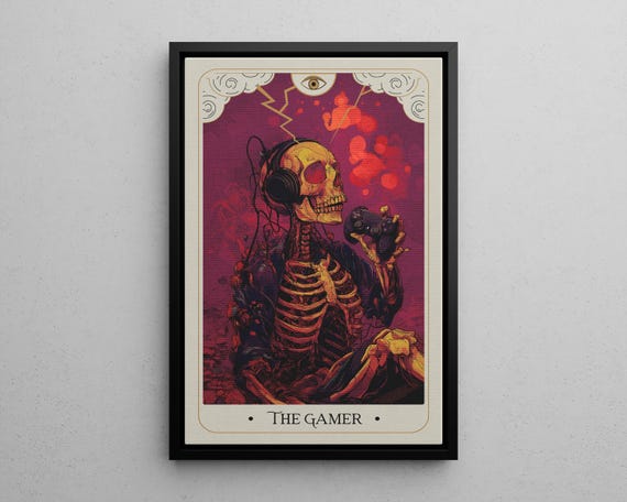 The Gamer Skeleton Tarot Card Wall Art Poster Or Canvas Print Retro Gaming Skull Portrait Gothic Arcade Decor Modern