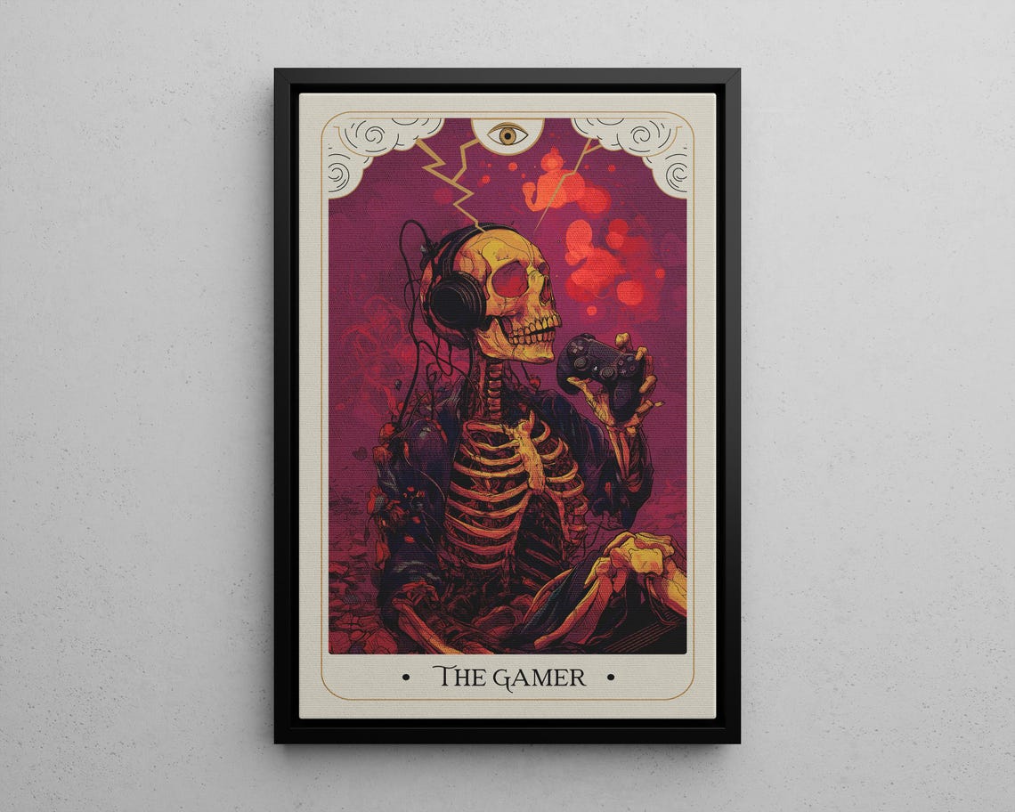 The Gamer Skeleton Tarot Card Magenta Gothic Arcade Room Poster