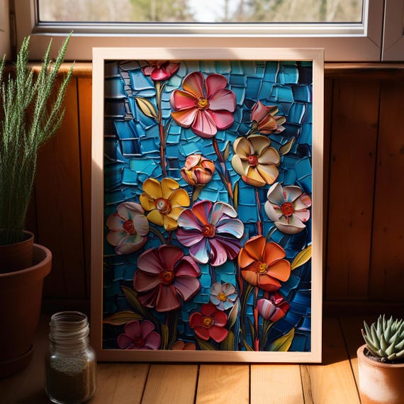 Vibrant Mosaic Flowers Painting Poster Or Canvas Print Maximalist Flower Decor Abstract Dark Blue Floral Art Botanical
