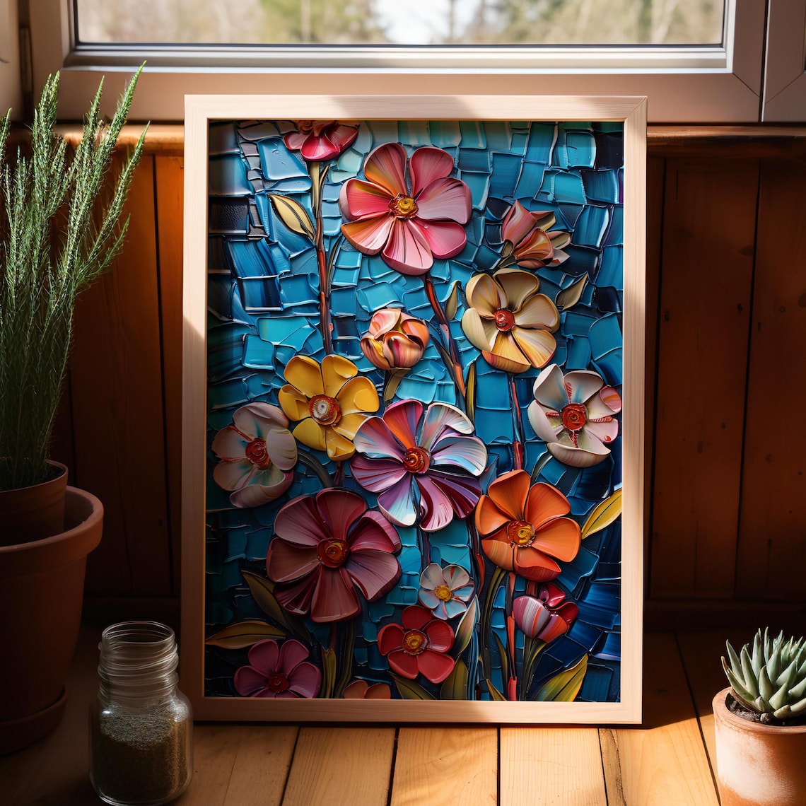 Vibrant Mosaic Flowers Impasto Painted Dark Blue Floral Poster