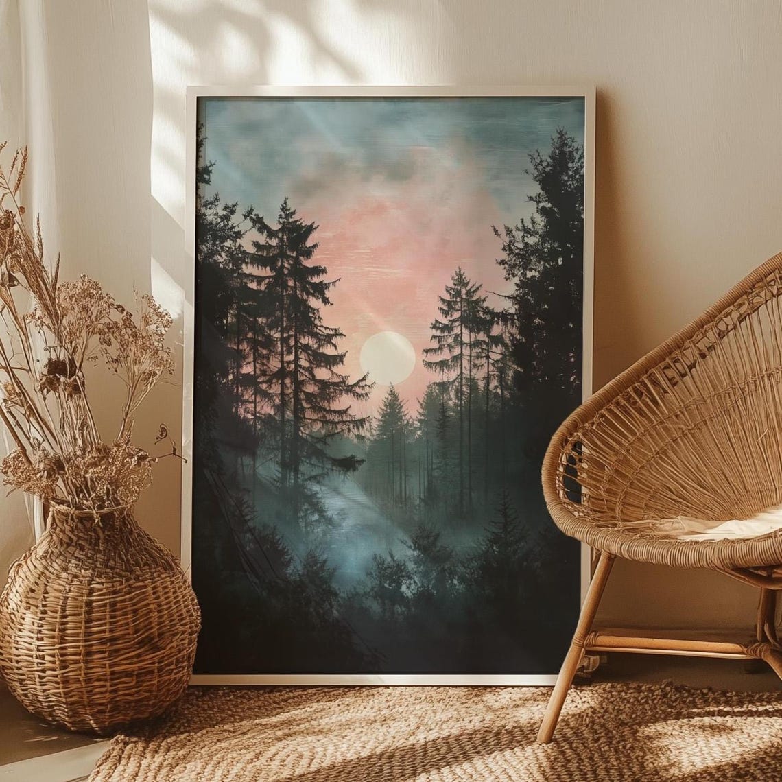Misty Pine Forest At Dusk With Pink Sky Glowing Sun Art Poster